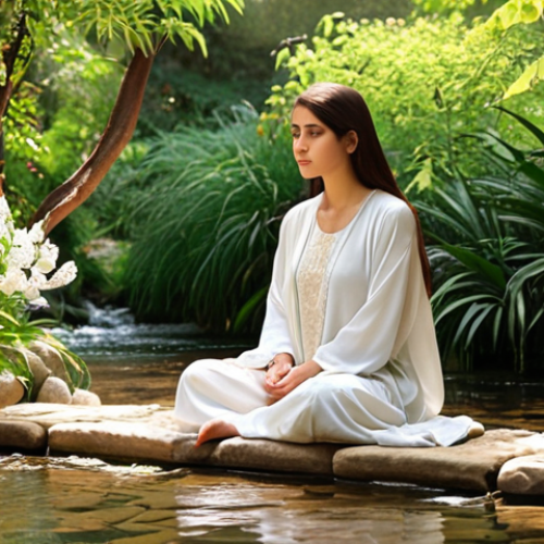 Home 15 **
"A serene individual sitting peacefully in a lush garden, surrounded by blooming flowers and a gentle stream. Soft, diffused light filters through the leaves, highlighting a look of self-compassion and acceptance on their face. The style should evoke a sense of tranquility and inner peace, reminiscent of Impressionist paintings with a focus on warm, earthy tones and textures. Incorporate elements of traditional Arabic calligraphy subtly in the background, perhaps integrated into the foliage."
**