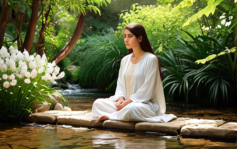**
"A serene individual sitting peacefully in a lush garden, surrounded by blooming flowers and a gentle stream. Soft, diffused light filters through the leaves, highlighting a look of self-compassion and acceptance on their face. The style should evoke a sense of tranquility and inner peace, reminiscent of Impressionist paintings with a focus on warm, earthy tones and textures. Incorporate elements of traditional Arabic calligraphy subtly in the background, perhaps integrated into the foliage."
**