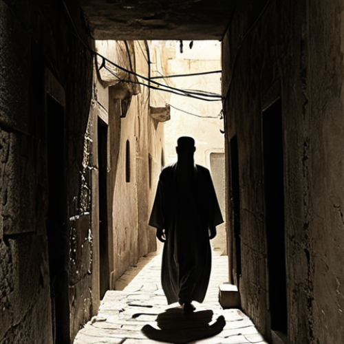 Home 7 **Prompt 1 (The Echo of Yesterday):**
A solitary figure, subtly dressed in traditional Arabic attire, stands in a dim, narrow alleyway. Overlaid and swirling around them are translucent, fragmented specters of past regrets and mistakes, casting long, oppressive shadows. Their posture conveys a heavy burden and deep introspection. The ancient, weathered stone walls of the alley contribute to a sense of being trapped. The color palette is muted and desaturated, emphasizing melancholy and the weight of unprocessed history. Cinematic lighting with deep shadows.