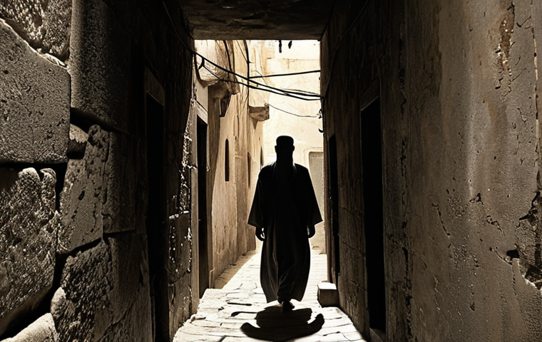 **Prompt 1 (The Echo of Yesterday):**
A solitary figure, subtly dressed in traditional Arabic attire, stands in a dim, narrow alleyway. Overlaid and swirling around them are translucent, fragmented specters of past regrets and mistakes, casting long, oppressive shadows. Their posture conveys a heavy burden and deep introspection. The ancient, weathered stone walls of the alley contribute to a sense of being trapped. The color palette is muted and desaturated, emphasizing melancholy and the weight of unprocessed history. Cinematic lighting with deep shadows.