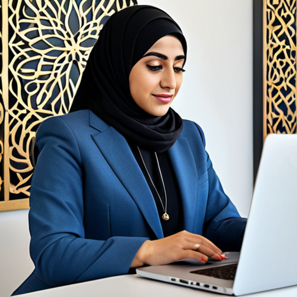 Empowered Woman in a Modern Setting**

"A professional Arab businesswoman in a modest, tailored business suit, working on a laptop in a bright, modern office with Arabic art on the walls, fully clothed, appropriate attire, safe for work, perfect anatomy, natural proportions, professional portrait, high quality, family-friendly."

**