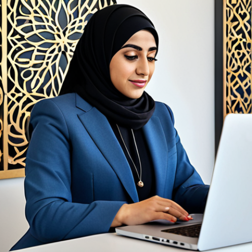 Home 21 Empowered Woman in a Modern Setting**
"A professional Arab businesswoman in a modest, tailored business suit, working on a laptop in a bright, modern office with Arabic art on the walls, fully clothed, appropriate attire, safe for work, perfect anatomy, natural proportions, professional portrait, high quality, family-friendly."
**