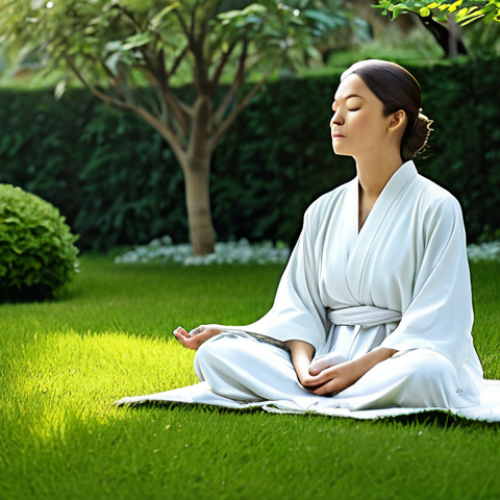 Home 8 자아 화해 과정에서의 감정 관리 - Serene Self-Reflection**
"A woman sitting peacefully in a quiet garden, eyes closed in meditation, ...
