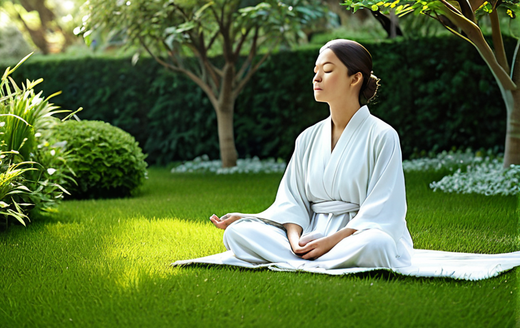 자아 화해 과정에서의 감정 관리 - Serene Self-Reflection**
"A woman sitting peacefully in a quiet garden, eyes closed in meditation, ...