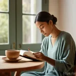 과거 자아 화해를 위한 워크숍 참여하기 - **Prompt:** A serene and contemplative scene featuring a person, appearing to be in their late 20s t...