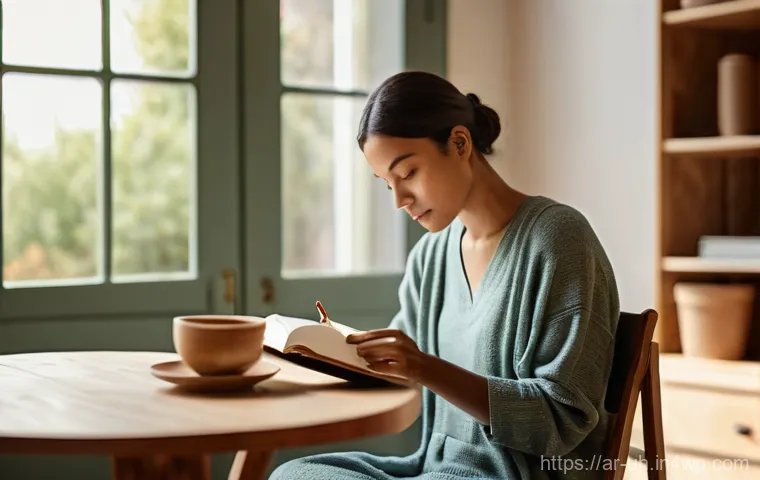 과거 자아 화해를 위한 워크숍 참여하기 - **Prompt:** A serene and contemplative scene featuring a person, appearing to be in their late 20s t...