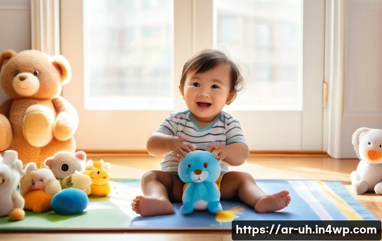 과거 자아 화해를 위한 레벨별 가이드 - **Prompt:** "A toddler wearing a cute animal-themed diaper, sitting on a colorful playmat surrounded...