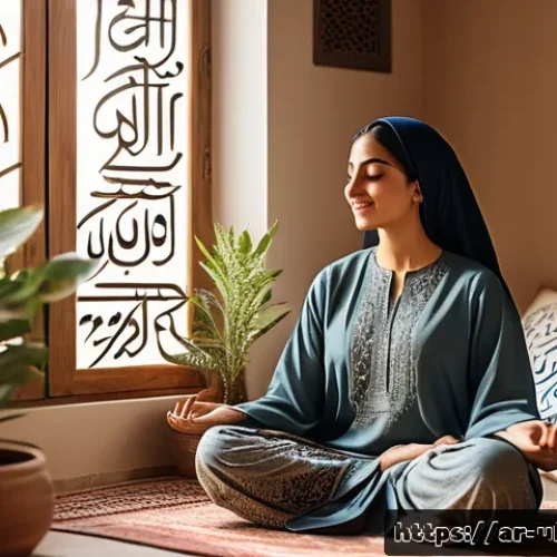 과거 자아 화해의 전문가 인터뷰 - A serene Middle Eastern woman in her early 30s sitting peacefully in a sunlit room decorated with tr...