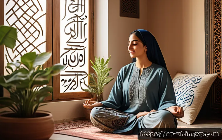 과거 자아 화해의 전문가 인터뷰 - A serene Middle Eastern woman in her early 30s sitting peacefully in a sunlit room decorated with tr...