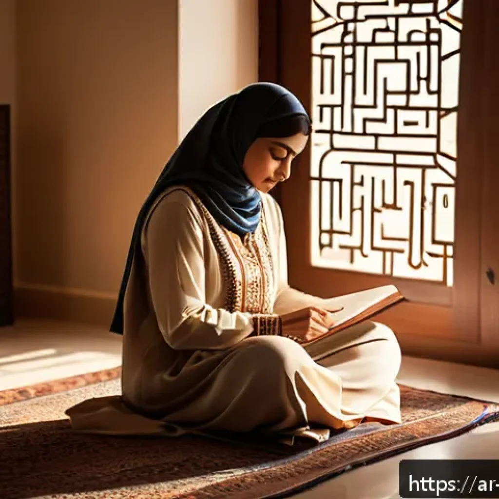 과거 자아 화해의 신뢰 구축 방법 - A serene Middle Eastern woman in traditional modest attire sitting peacefully in a sunlit room fille...