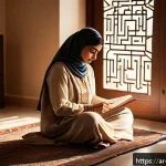 과거 자아 화해의 신뢰 구축 방법 - A serene Middle Eastern woman in traditional modest attire sitting peacefully in a sunlit room fille...
