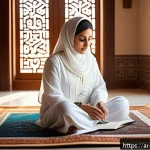 과거 자아 화해를 위한 실생활 적용 사례 - A serene Middle Eastern woman in modest traditional clothing sitting peacefully on a patterned praye...