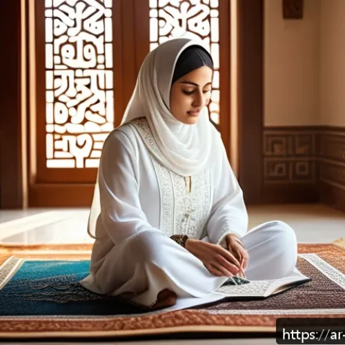 과거 자아 화해를 위한 실생활 적용 사례 - A serene Middle Eastern woman in modest traditional clothing sitting peacefully on a patterned praye...