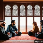 과거 자아와의 화해를 위한 커뮤니티 찾아보기 - A diverse group of Arabic-speaking adults sitting in a warm, cozy room with traditional Middle Easte...