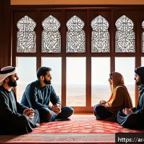 과거 자아와의 화해를 위한 커뮤니티 찾아보기 - A diverse group of Arabic-speaking adults sitting in a warm, cozy room with traditional Middle Easte...