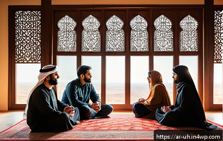 과거 자아와의 화해를 위한 커뮤니티 찾아보기 - A diverse group of Arabic-speaking adults sitting in a warm, cozy room with traditional Middle Easte...