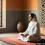 과거 자아 화해의 성공 사례 분석 - A serene scene depicting an Arab woman sitting peacefully in a sunlit traditional room adorned with ...