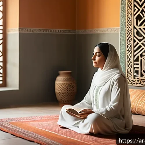 과거 자아 화해의 성공 사례 분석 - A serene scene depicting an Arab woman sitting peacefully in a sunlit traditional room adorned with ...