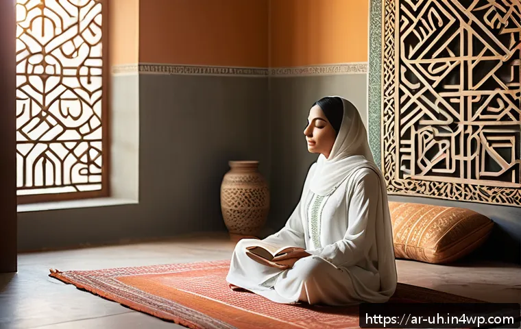 과거 자아 화해의 성공 사례 분석 - A serene scene depicting an Arab woman sitting peacefully in a sunlit traditional room adorned with ...