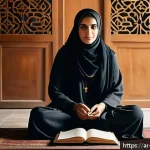 과거 자아 화해 과정에서의 지식 습득 방법 - A serene Middle Eastern woman in her early 30s sitting cross-legged on a traditional Persian rug ins...