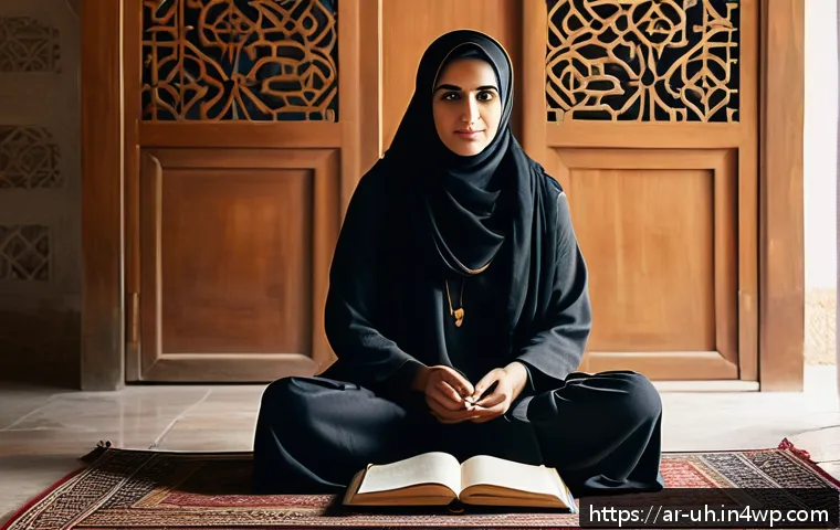 과거 자아 화해 과정에서의 지식 습득 방법 - A serene Middle Eastern woman in her early 30s sitting cross-legged on a traditional Persian rug ins...