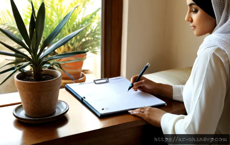 자아 화해 과정의 실천을 위한 체크리스트 - Photorealistic scene of an Arab woman in modest neutral clothing sitting peacefully at a sunlit home...