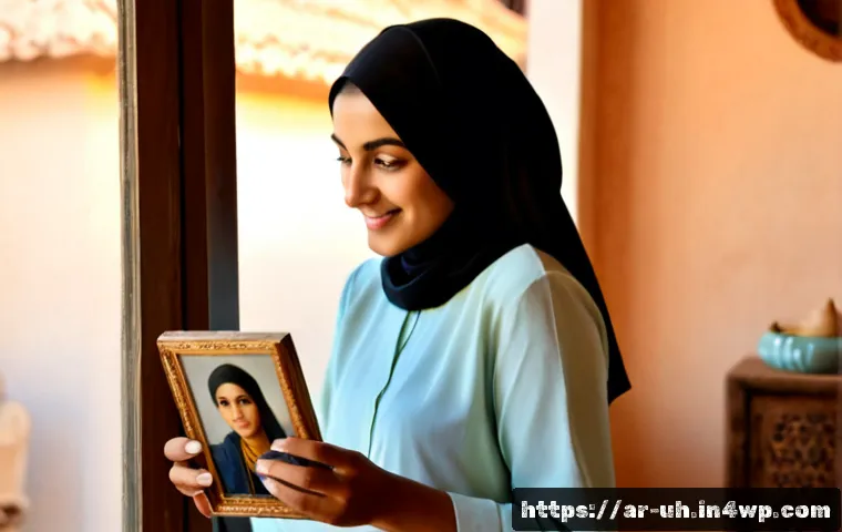 과거 자아 화해의 과정에서의 자기 수용 - Photorealistic warm interior portrait of an Arab woman in modest contemporary clothing sitting besid...