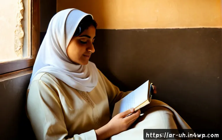과거 자아와의 화해  나만의 여정 만들기 - Photorealistic contemplative scene of an adult Arab woman in modest elegant clothing seated by a sun...